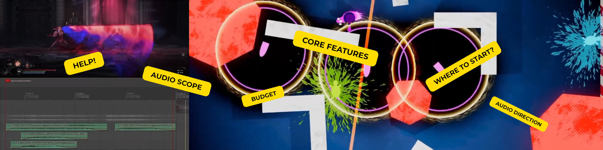 A digital graphic showing a software interface or audio visualization with several yellow callout labels reading 'HELP!', 'AUDIO SCOPE', 'CORE FEATURES', 'WHERE TO START?', and 'Short instructions'.