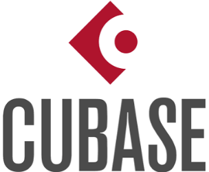 Cubase logo with a dark red geometric emblem above the word 'CUBASE' in large gray uppercase letters on a white background.