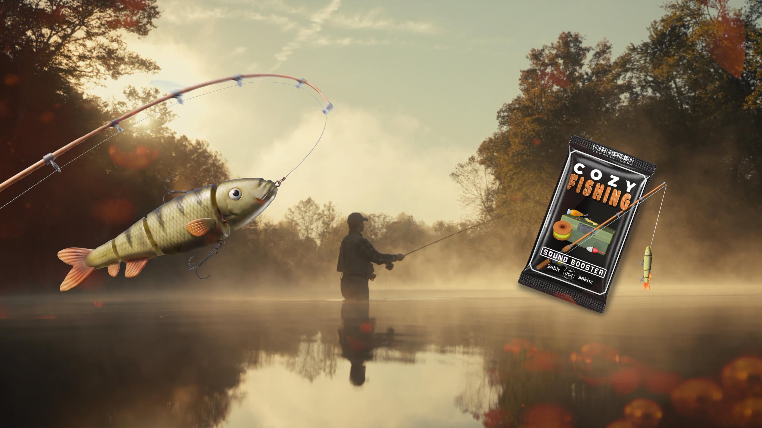 Fishing scene with a fish on a hook and a book titled 'Cozy Fishing' in the foreground.