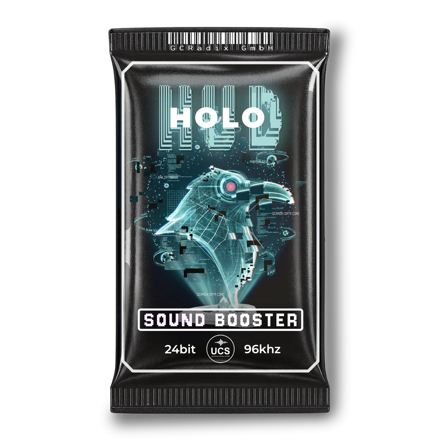 A black software packaging or sticker for a digital sound booster named 'HOLO SOUND BOOSTER', featuring a glowing blue futuristic robotic head graphic and technical specifications on a white background.