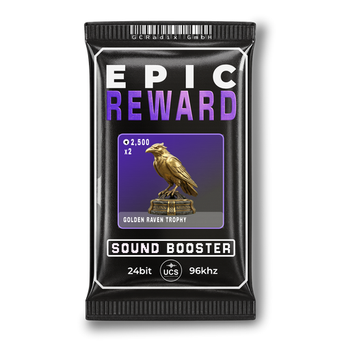 Packaged product labeled 'Epic Reward Sound Booster' with a golden raven trophy on a white background