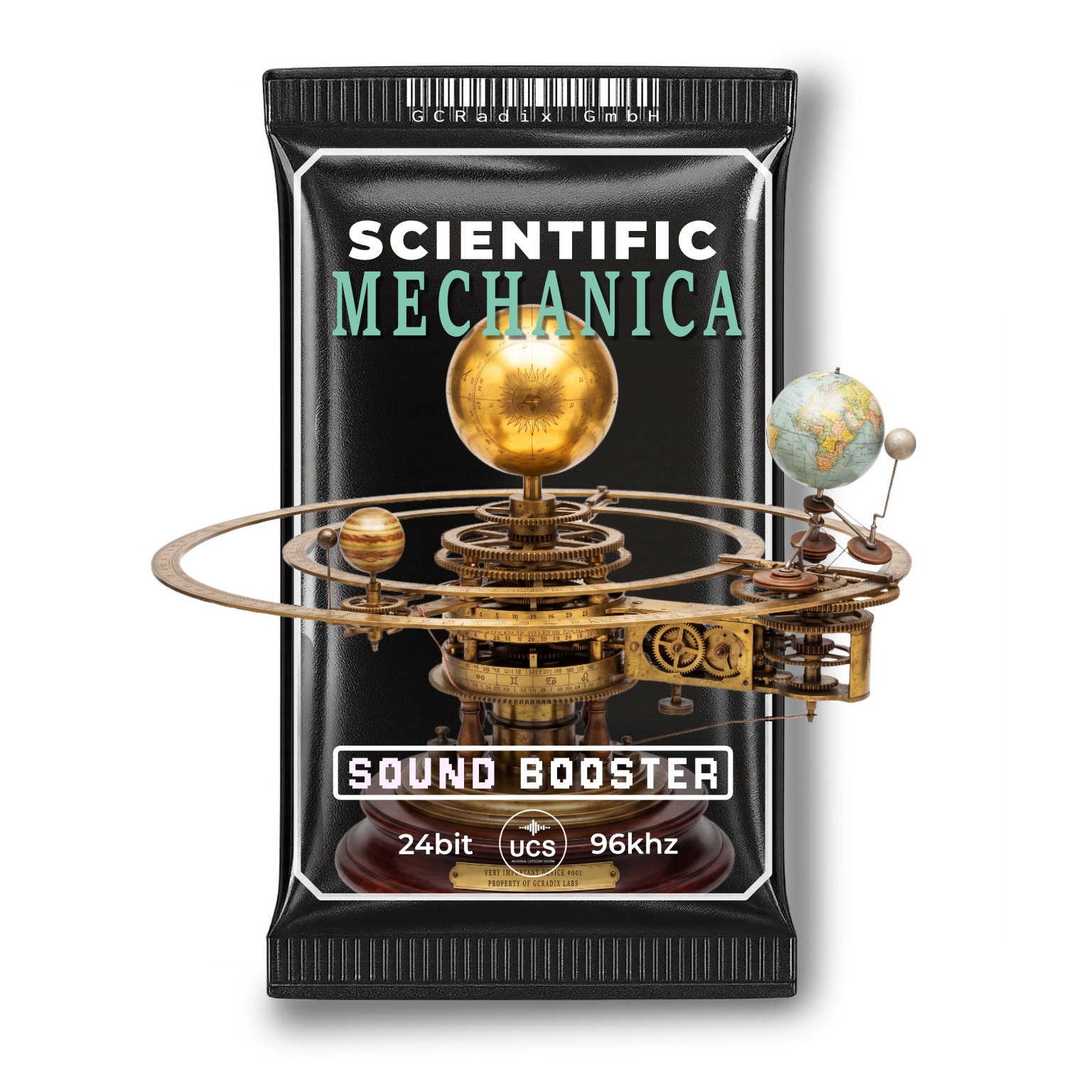 A black retail pouch labeled 'SCIENTIFIC MECHANICA' with a central illustration of brass gears, a golden sphere, and a small globe. The pouch also reads 'SOUND BOOSTER', '24bit', 'ucs', and '96kgh'.