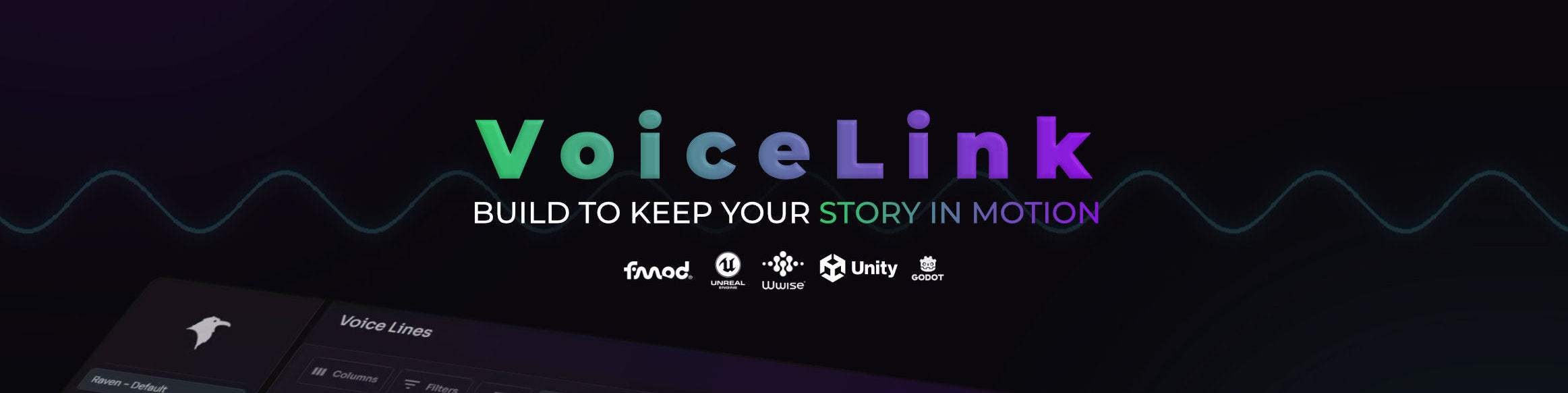 Promotional graphic for VoiceLink with the text 'BUILD TO KEEP YOUR STORY IN MOTION' in green and purple on a dark background, plus small logos for fixed, StreamElements, and Unity near the bottom.